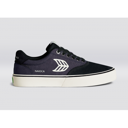 Cariuma-NAIOCA Skate Jet Black Suede Dark Grey Canvas Ivory Logo